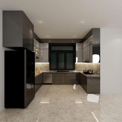 Tủ bếp nhôm cánh kính chữ U – Không gian bếp đẳng cấp ALH04